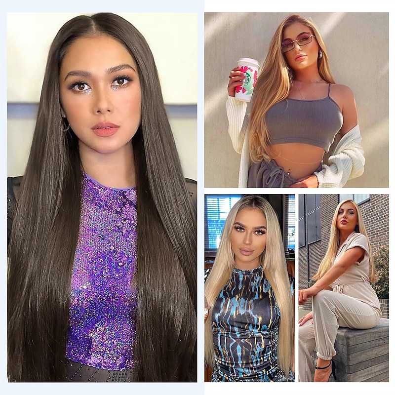 Clip in Hair Extensions 6Pcs 16 Clips Curly Wavy Straight Thick Clip on Synthetic Hair Extension Hairpieces (24 Inch Deep Brown with Dirty Blonde - Straight)2