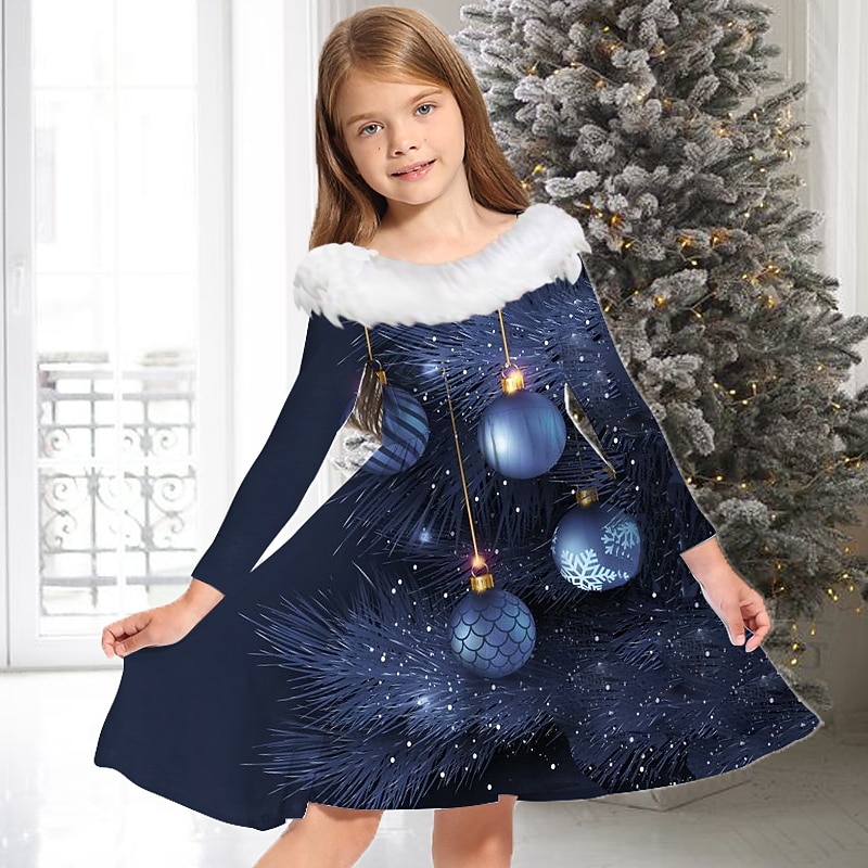 Kids Girls' Christmas Dress Dress Snowflake Dress Santa Claus Gradient Long Sleeve Casual Crewneck Adorable Daily Polyester Above Knee Casual Dress Swing Dress A Line Dress Fall Winter 3-10 Years2