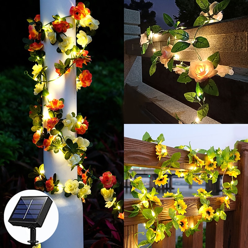 Solar Sunflower Rose LED Fairy String Lights Leaf Rattan Garland Outdoor Lights Waterproof 2.5m 30leds Valentines Wedding Party Holiday Garden Patio Home Indoor Outdoor Decoration
