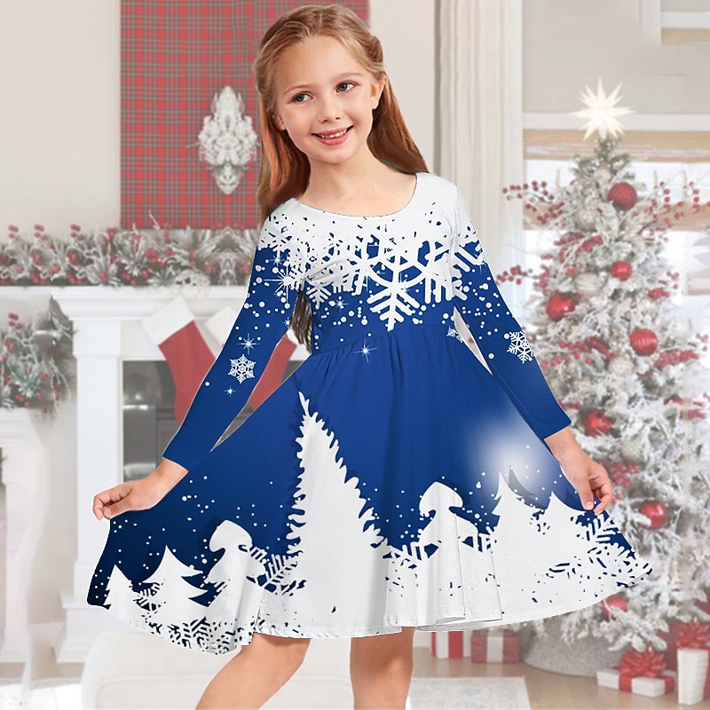 Kids Girls' Christmas Dress Dress Snowflake Dress Snowflake Long Sleeve Christmas Gifts Casual Crewneck Adorable Daily Polyester Above Knee Casual Dress Swing Dress A Line Dress Fall Winter 3-10 Years2