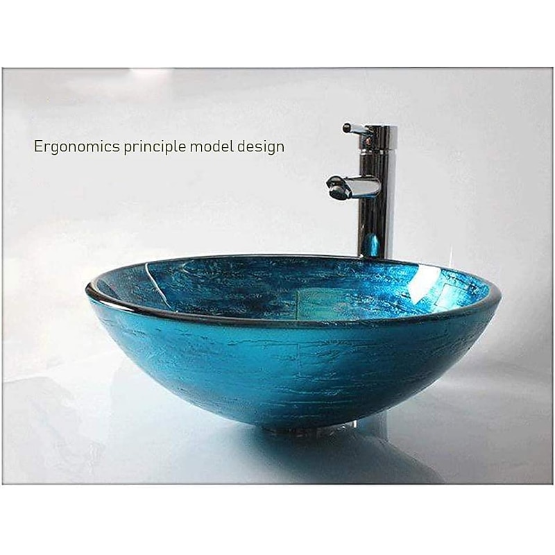 Round Artistic Vanity Basin Sink Bathroom Vessel Tempered Glass Bowl 16.5 inch, Art Wash Basin Mixer Faucet Set with Pop-up Drain, Boat Shape Countertop Above Counter Washroom3