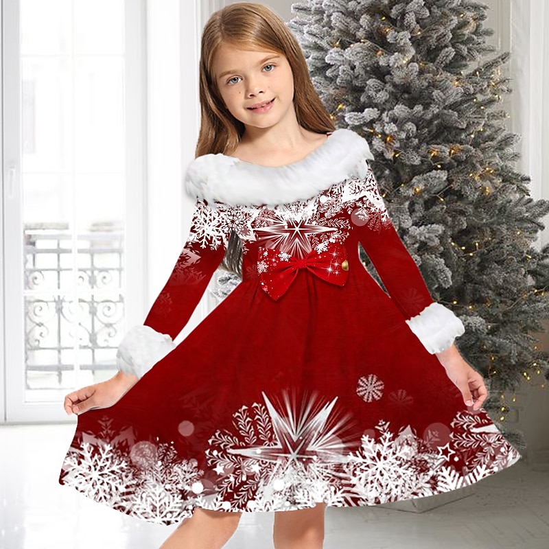 Kids Girls' Christmas Dress Dress Snowflake Dress Snowflake Long Sleeve  Casual Fur Trim Crewneck Adorable Daily Polyester Above Knee Casual Dress  Swing Dress A Line Dress Fall Winter 2-13 Years - Product Details