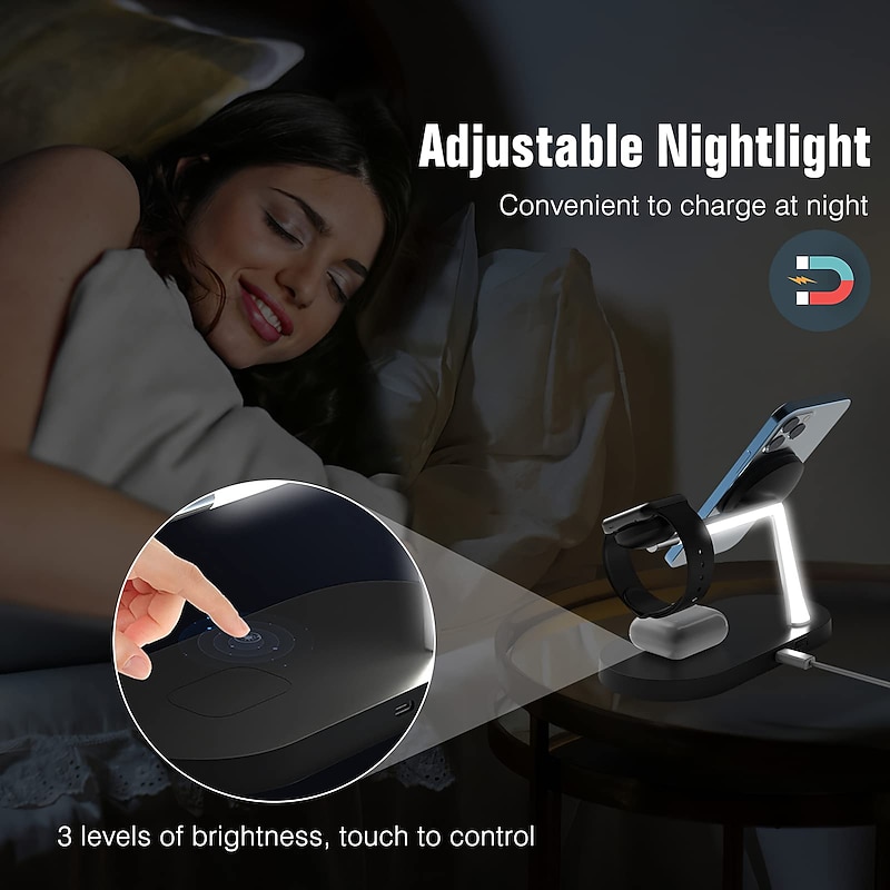 5 in 1 Magnetic Wireless Charger Stand, 15W Qi Fast Charging Dock Station Holder LED Night Light Compatible with Magsafe iPhone 15/14/13/12 Pro Max Mini, iWatch Ultra/SE/8/7/6/5/4/3/2, AirPods 3/2/Pro2