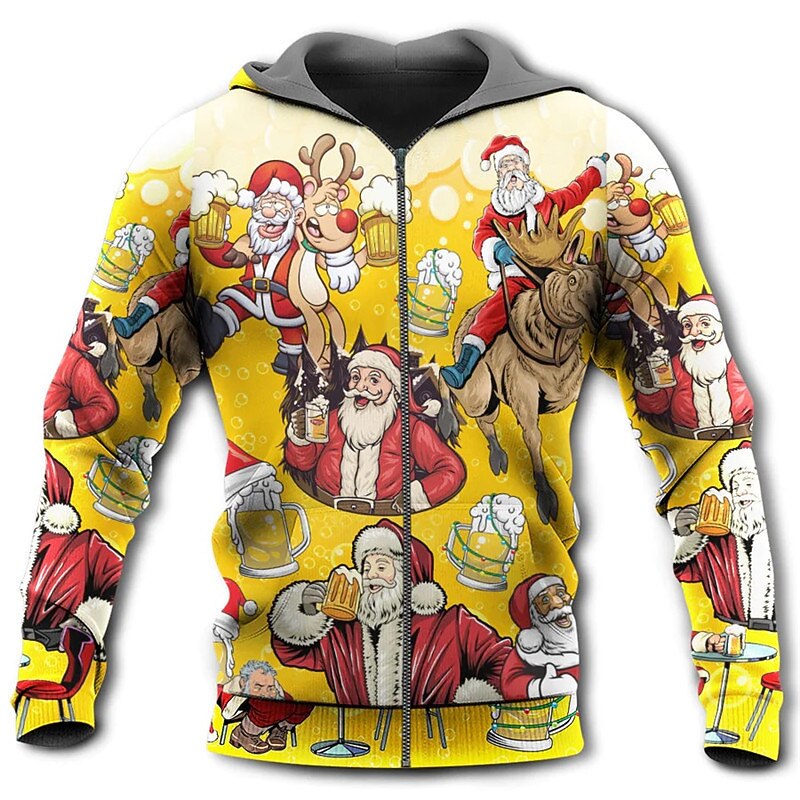 Christmas Men's Santa Claus 3D Hoodies Full Zip Jacket Yellow Blue Green Hooded Santa Claus Graphic Prints Ugly  Zipper Print Sports & Outdoor Daily Sports 3D3