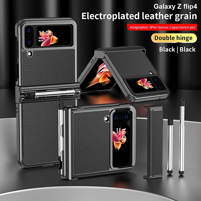 Phone Case For Samsung Galaxy Z Flip 5 Z Flip 4 Z Flip 3 Back Cover Bumper Frame Pencil Holder Plating Solid Colored PC PU Leather