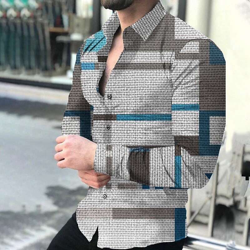 Men's Plaid Striped Geometric Pattern Shirt Button Up Shirt Long Sleeve Fashion Designer Casual Outdoor Casual Daily Fall & Winter Turndown Print Button-Down Black Royal Blue Blue Dark Gray Beige4