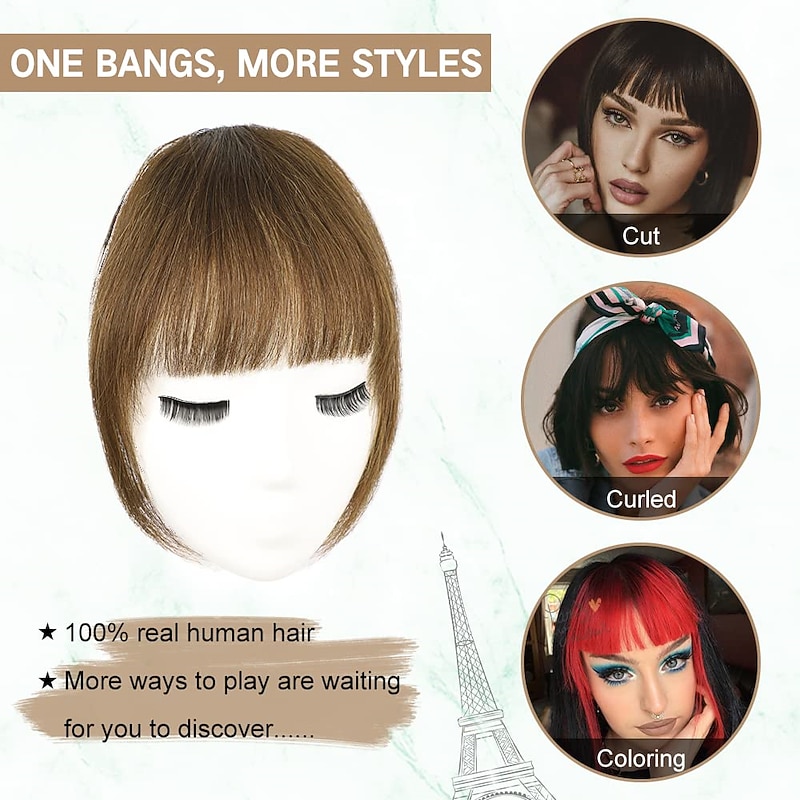 Clip in Bangs for Women 100% Hair Extensions Hairpieces Flat Bangs Clip Curved French Bangs for Daily Wear(Light Brown)3