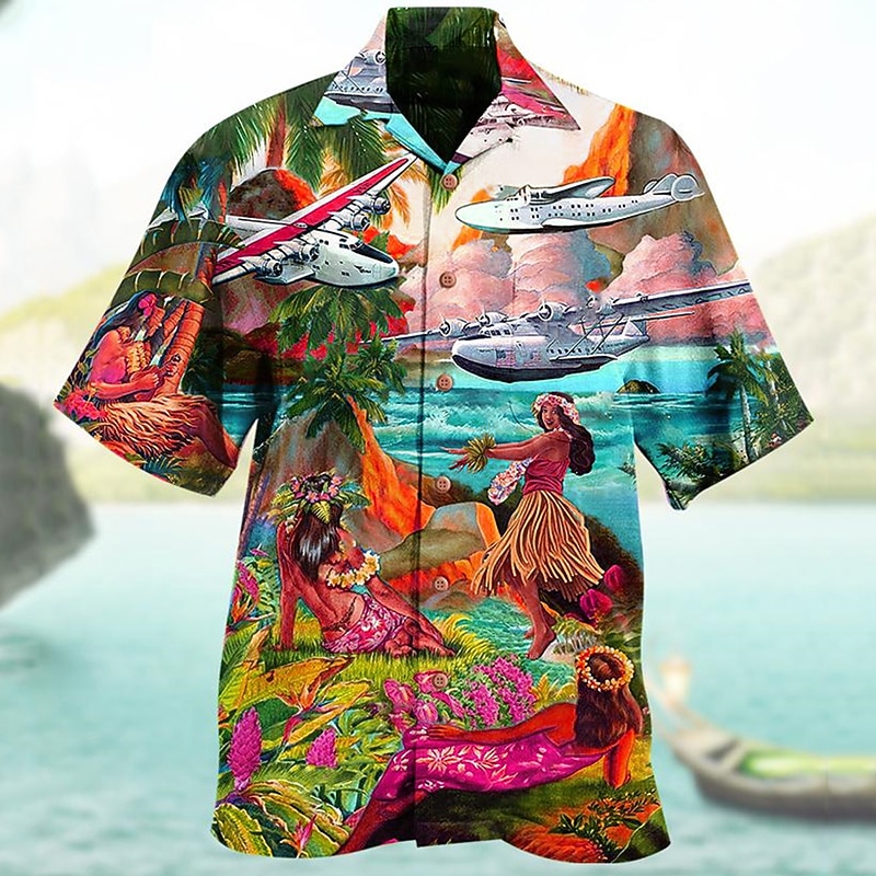 Men's Floral Landscape Shirt Summer Hawaiian Shirt Camp Collar Shirt Short Sleeve Shirt Turndown Fashion Designer Casual Vacation Casual Daily Red Blue Purple Print S M L4