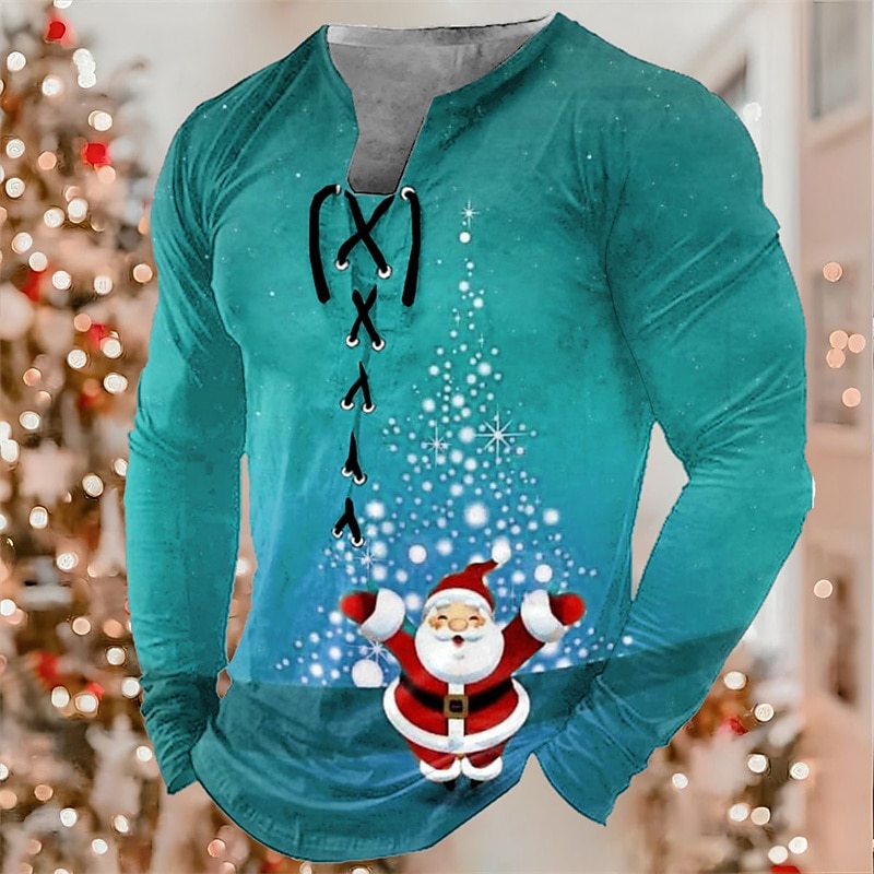 Christmas Men's Santa Claus Henley T Shirt Graphic Tee Santa Claus Collar Green Blue Purple Orange Red 3D Print Outdoor Long Sleeve Lace Up Casual Cotton