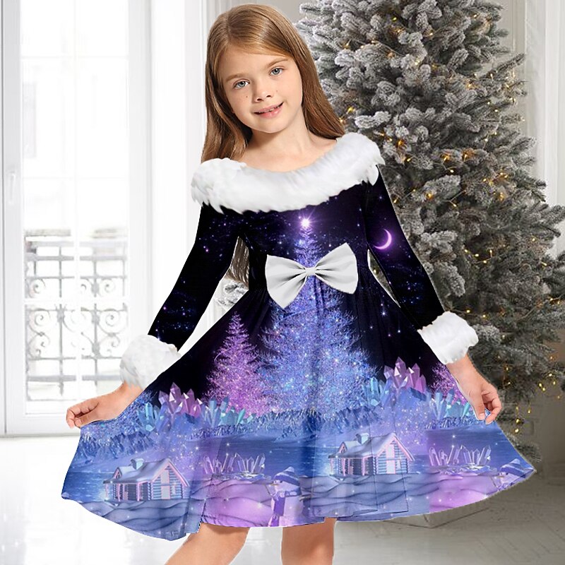 Kids Girls' Christmas Dress Dress Snowflake Dress Tree Christmas Bell Long Sleeve Casual Fur Trim Crewneck Adorable Daily Polyester Above Knee Casual Dress Swing Dress A Line Dress Fall Winter 2-132