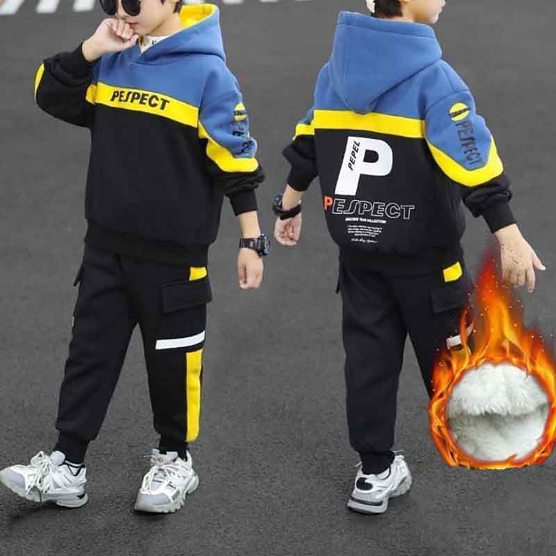 2 Pieces Kids Boys Hoodie & Pants Outfit Letter Long Sleeve Set Casual Fashion Cool Winter Fall 7-13 Years Blue Beige2