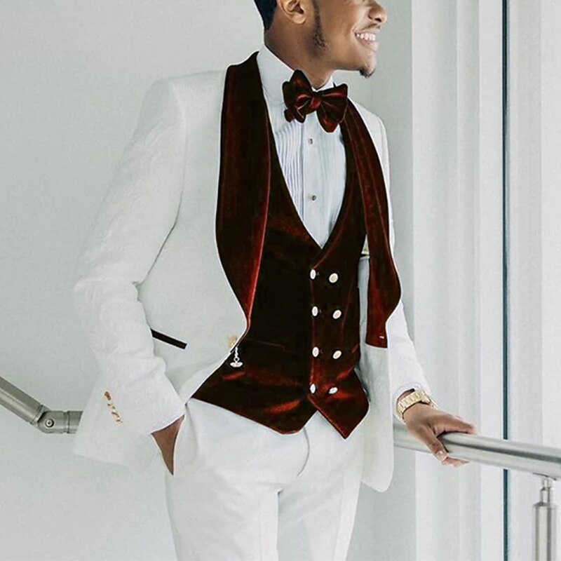 Men's Velvet Wedding Prom Party Tuxedos Red Burgundy Solid Colored Standard Fit 3 Piece Single Breasted One-button4