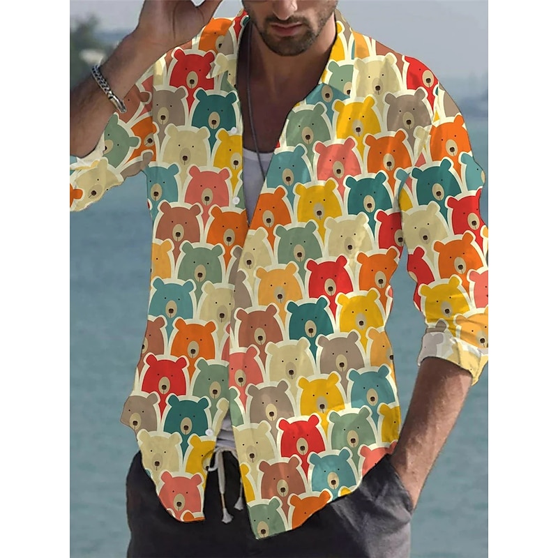 Men's Animal Bear Shirt Summer Hawaiian Shirt Aloha Shirt Long Sleeve Shirt Turndown Fashion Designer Casual Christmas Street Casual Yellow 3D Print S M L