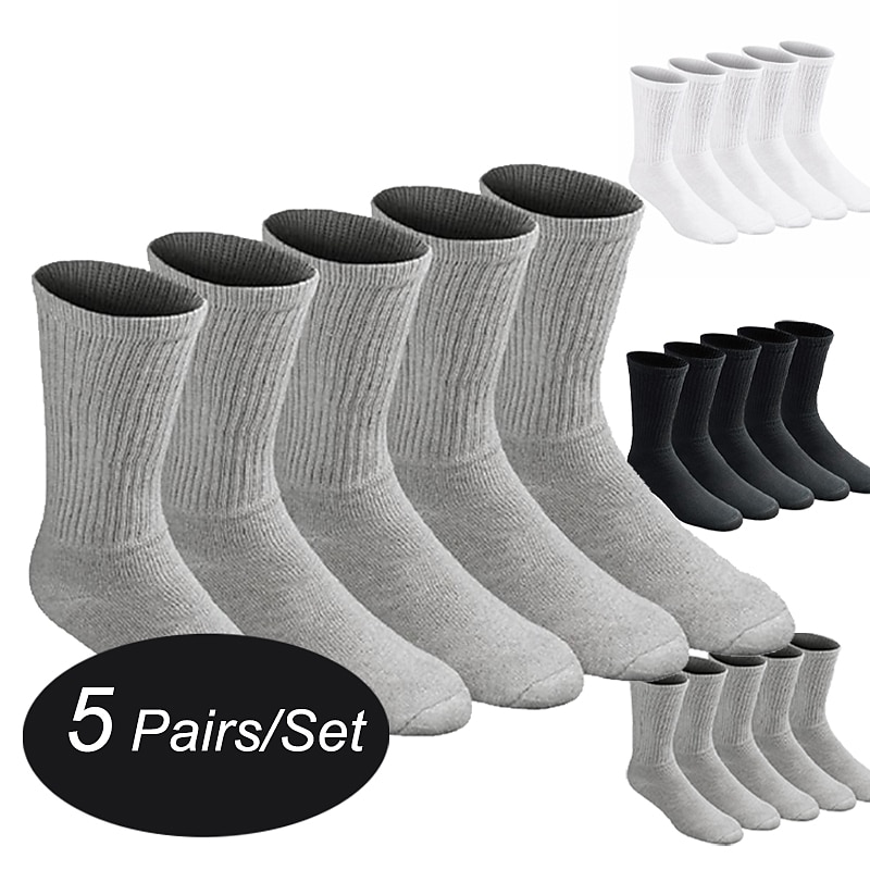 Athletic Sports Socks 5 Pairs Cushion Crew Men's Crew Socks Tube Socks Anti-Slip Breathable Moisture Wicking Soft Stretchy Fitness Gym Workout Running Jogging Training Sports Solid Colored Cotton
