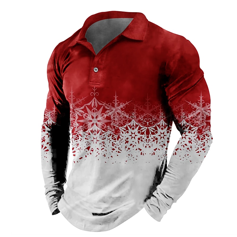Christmas Men's Christmas Scene 3D Polo Golf Graphic Prints Snowflake Turndown Yellow Wine Blue Green Gray 3D Print Street Casual Long Sleeve Print Button-Down Clothing Apparel Fashion Designer2
