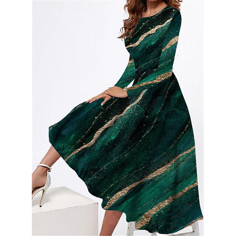 Women's Midi Dress Casual Dress Winter Dress Swing Dress Fashion Modest Formal Outdoor Party Regular Fit Color Gradient Marble Long Sleeve Crew Neck Green Spring Fall Winter Autumn