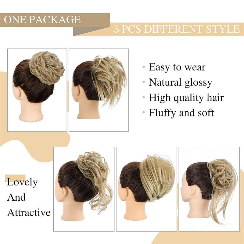 5 Pieces Messy Hair Bun Hairpiece Tousled Updo for Women Hair Extension Ponytail Scrunchies with Elastic Rubber Band Long Updo Messy Hairpiece Hair Accessories Set for Women2