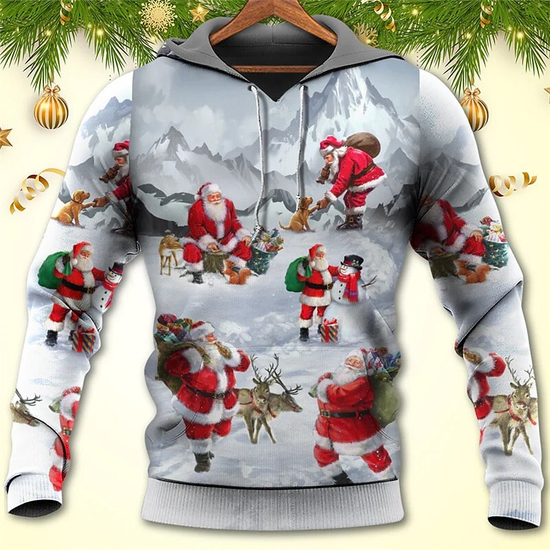 Christmas Men's Christmas Scene 3D Hoodies Pullover Black Gray Hooded Santa Claus Graphic Prints Snowflake Print  Daily Sports 3D Print Basic Streetwear4
