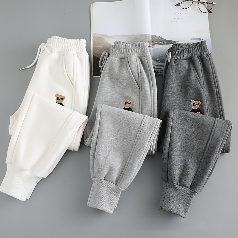Kids Boys Sweatpants Trousers Bear Keep Warm Pants Outdoor Daily Black Gray Mid Waist2