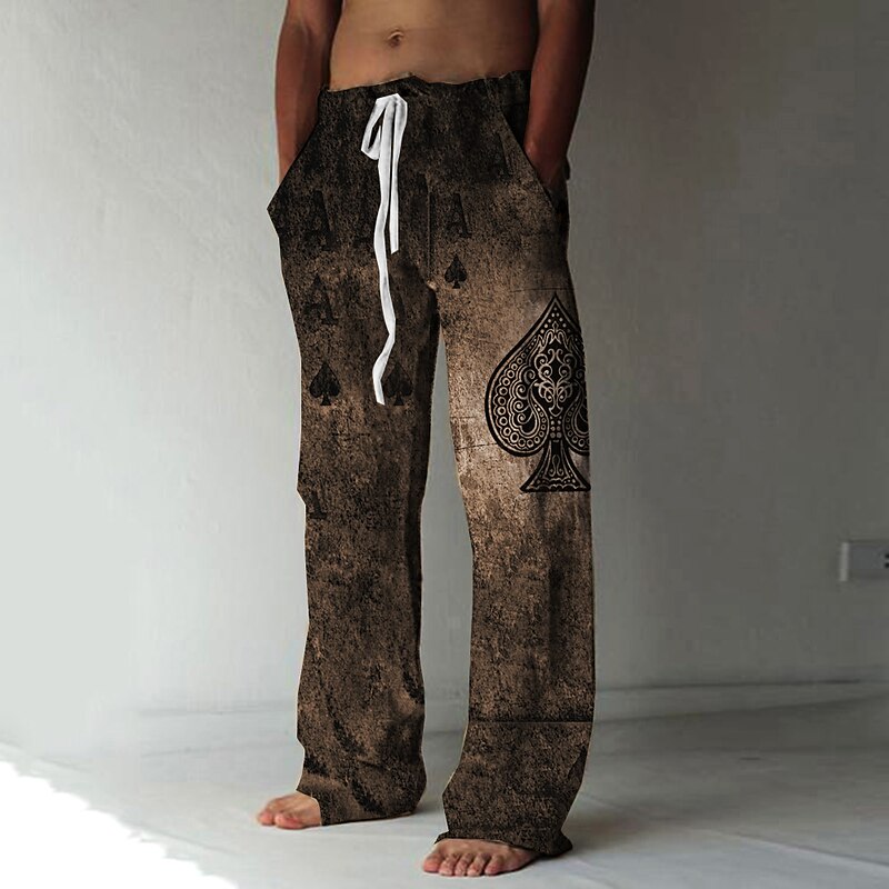 Men's Trousers Summer Pants Beach Pants Elastic Drawstring Design Front Pocket Straight Leg Graphic Prints Poker Comfort Soft Casual Daily Beach Linen Like Fabric Fashion Designer Blue Brown2