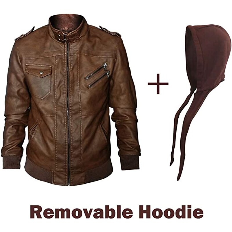 Men's Faux Leather Jacket Biker Jacket Hoodie Jacket Outdoor Daily Thermal Warm Windproof Pocket Fall Solid Color Sporty Casual Stand Collar Regular Black Brown Gray Jacket2