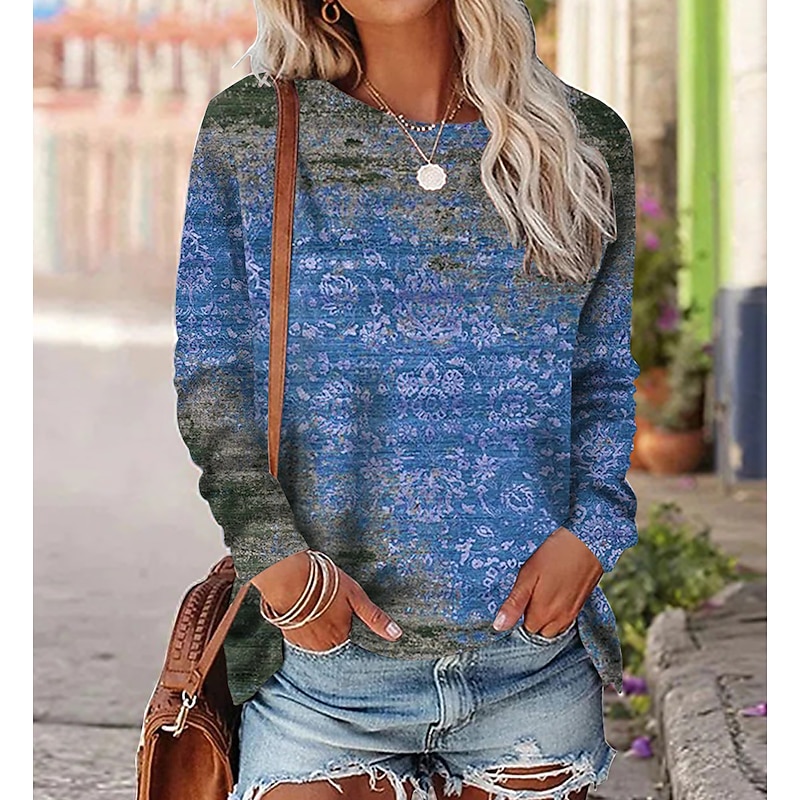Women's T shirt Long Sleeve Crew Neck Long Sleeve Tunic Graphic Vintage Ethnic Round Neck Regular Tops Daily Weekend Print Red Blue Purple Orange Green Fall & Winter Prefall4