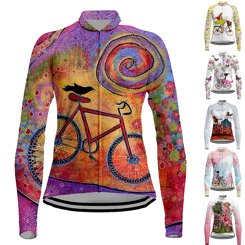 Women's Cycling Jersey Dog Funny Long Sleeve Bike Jersey Top with 3 Rear Pockets Mountain Bike MTB Road Bike Cycling Quick Dry Reflective Strips Back Pocket Moisture Wicking Sports White Yellow Pink