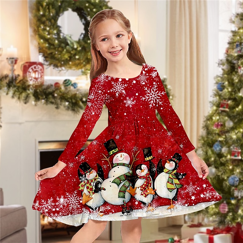 Kids Girls' Christmas Dress Dress Snowflake Dress Snowman Snowflake Long Sleeve Casual Crewneck Adorable Daily Polyester Above Knee Casual Dress Swing Dress A Line Dress Fall Winter 3-10 Years4