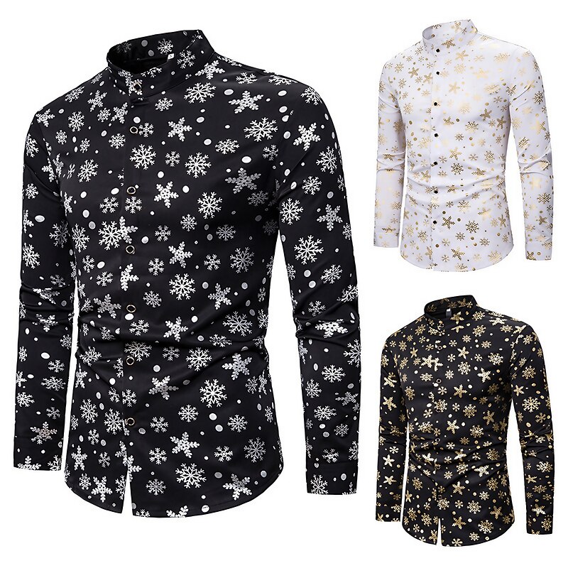 Christmas Men's Christmas Scene Printed Shirts Graphic Prints Snowflake Turndown Black Gold White 3D Print Street Long Sleeve Button-Down Print Clothing Apparel Fashion Designer Casual Soft