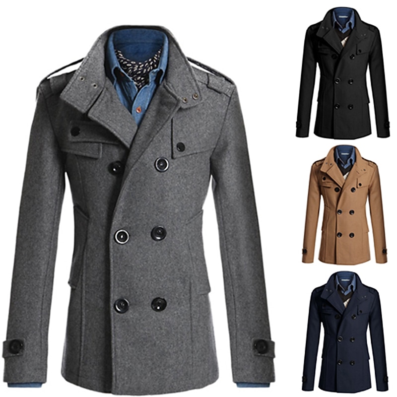 Men's Winter Coat Peacoat Wool Overcoat Double Breasted Business Casual  Regular Slim Fit Warm Solid Colored Fall Long Sleeve Thick Classic Trench Coat Office Daily Work