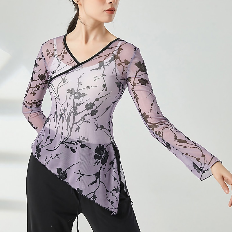 Activewear Top Printing Ruching Women's Performance Training Long Sleeve High Polyester