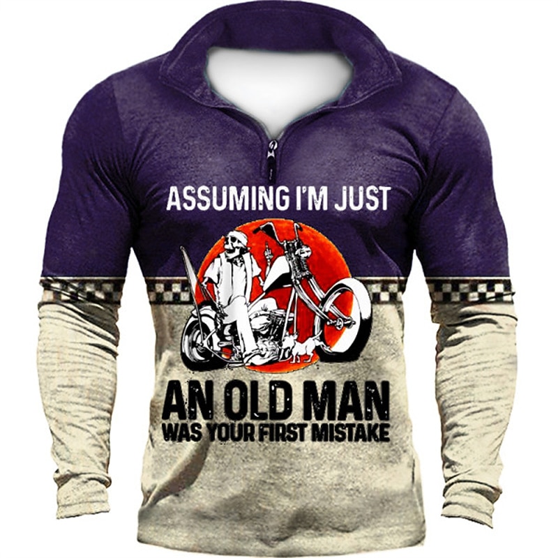 Men's Long Sleeve Graphic Tee with Biker Quote: 'Assuming I'm Just An Old Man Was Your First Mistake' Funny Quarter-Zip Shirt2