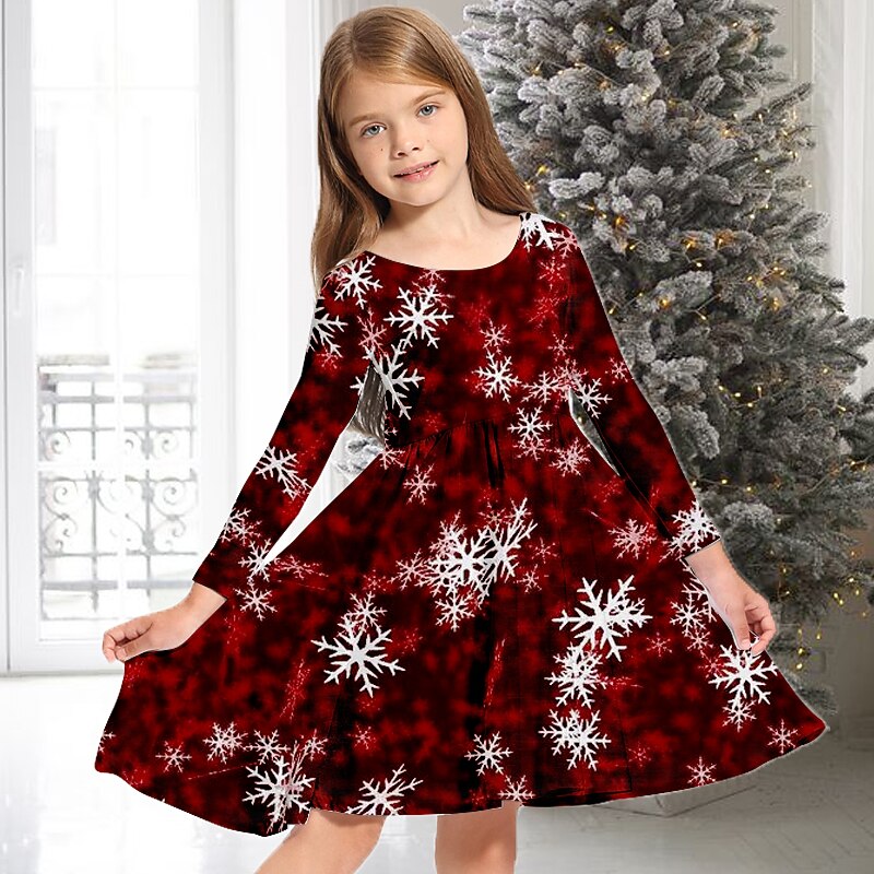 Kids Girls' Christmas Dress Dress Snowflake Dress Snowflake Long Sleeve Casual Crewneck Adorable Daily Polyester Above Knee Casual Dress Swing Dress A Line Dress Fall Winter 3-10 Years Multicolor3