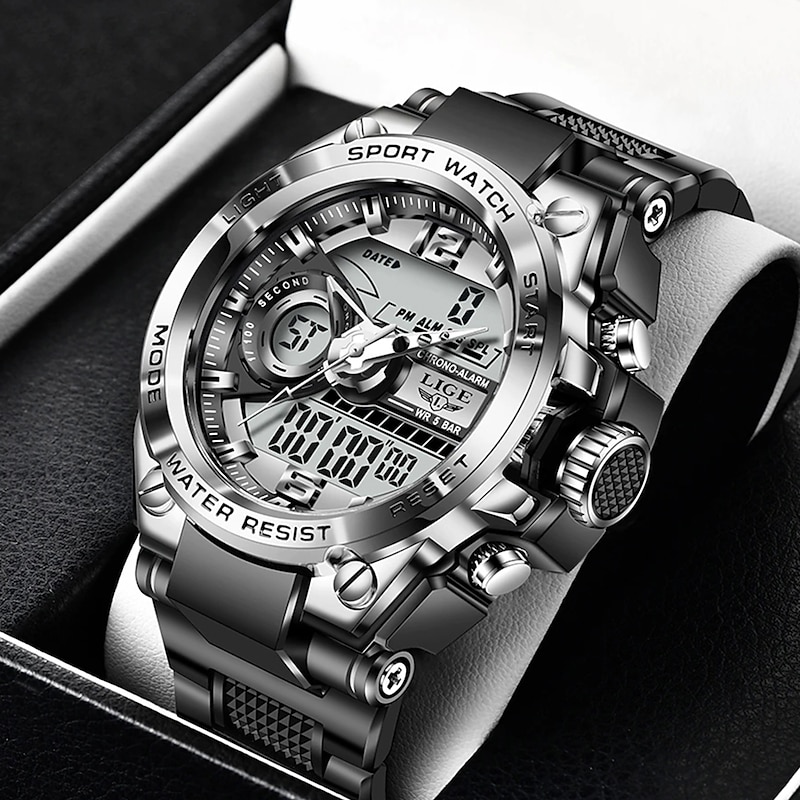 LIGE Men Digital Watch Chronograph Military Sports Waterproof Dual Display Calendar Chronograph Waterproof Silicone Strap Watch