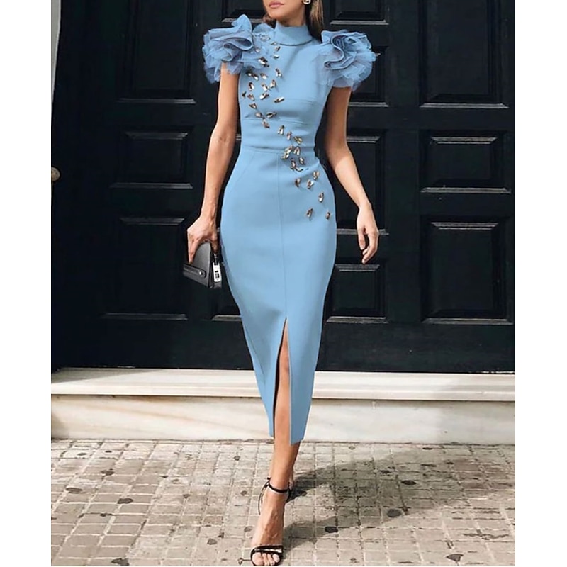 Sheath Cocktail Dresses Elegant Dress Formal WorkWear Ankle Length Sleeveless High Neck Stretch Fabric with Slit Appliques Dresses4