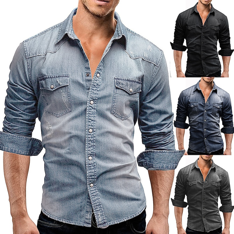Men's Denim Shirt Light Grey Dark Gray Light Blue Long Sleeve Solid Colored Turndown Vacation Casual Button-Down Clothing Apparel Polyester Fashion Casual Breathable Comfortable