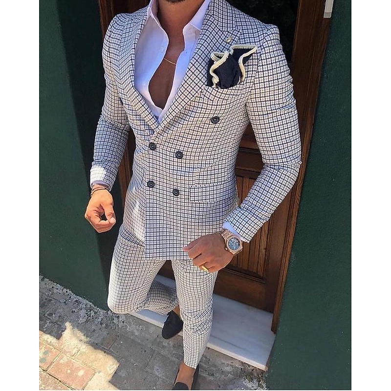 Men's Wedding Suits Closure collar White Pink Checkered Standard Fit 2 Piece Double Breasted Six-buttons