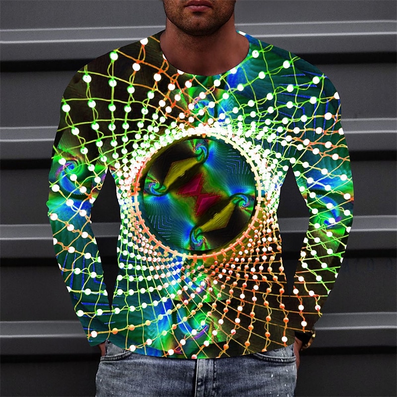 Men's Optical Illusion Graphic Prints T Shirt Long Sleeve T shirt 3D Print Crew Neck Shirt Sports Designer Basic Outdoor Street Daily Light Green Fuchsia Green Spring &  Fall Clothing Apparel S M L2