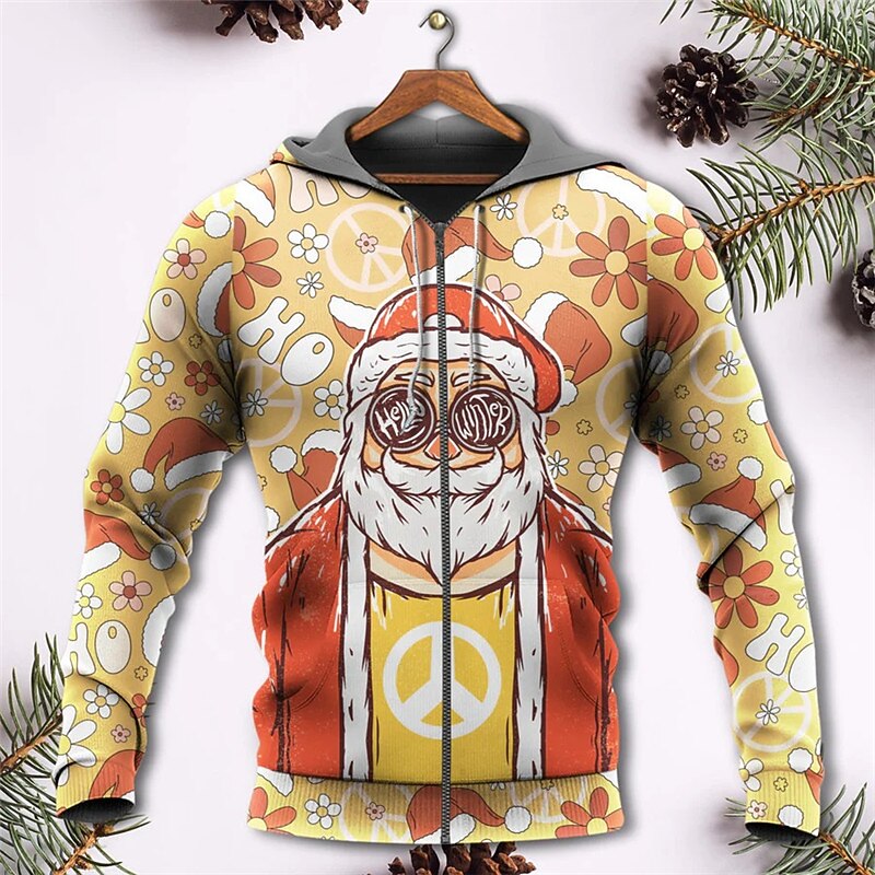 Christmas Men's Santa Claus 3D Hoodies Full Zip Jacket Black Yellow Red Purple Hooded Santa Claus Graphic Prints Ugly  Zipper Print Sports & Outdoor Daily3