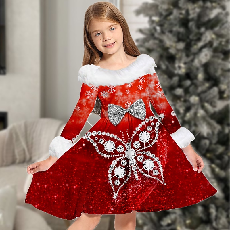 Kids Girls' Dress Snowflake Dress Animal Butterfly Long Sleeve Casual Fur Trim Crewneck Adorable Daily Polyester Above Knee Casual Dress Swing Dress A Line Dress Fall Winter 3-10 Years Yellow Red2