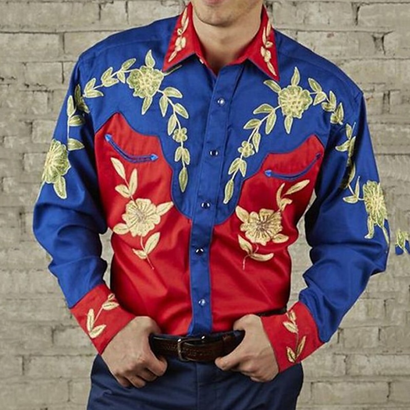 Men's Floral Graphic Prints Shirt Western Shirt Cowboy Shirt Long Sleeve Fashion Designer Casual Outdoor Daily Fall & Winter Turndown Print Button-Down Black Black / Red Army Green Red Blue