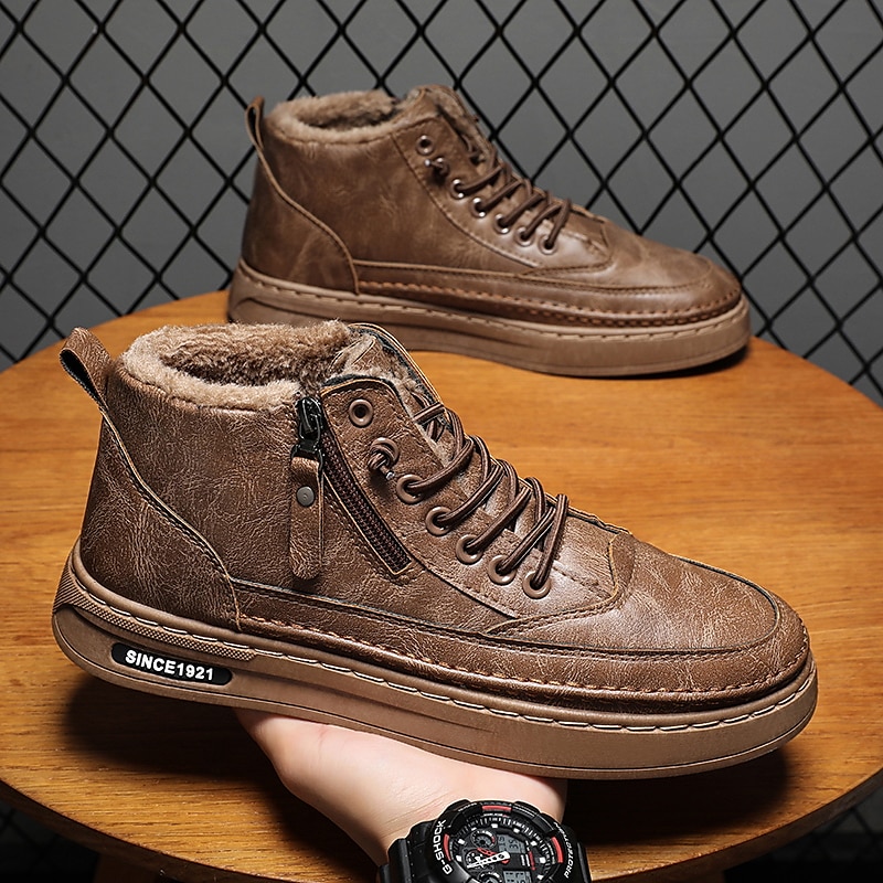 Men's Brown Fur-Lined Winter Boots - Warm, Waterproof Faux Leather Shoes with Zipper Closure for Outdoor Adventures4