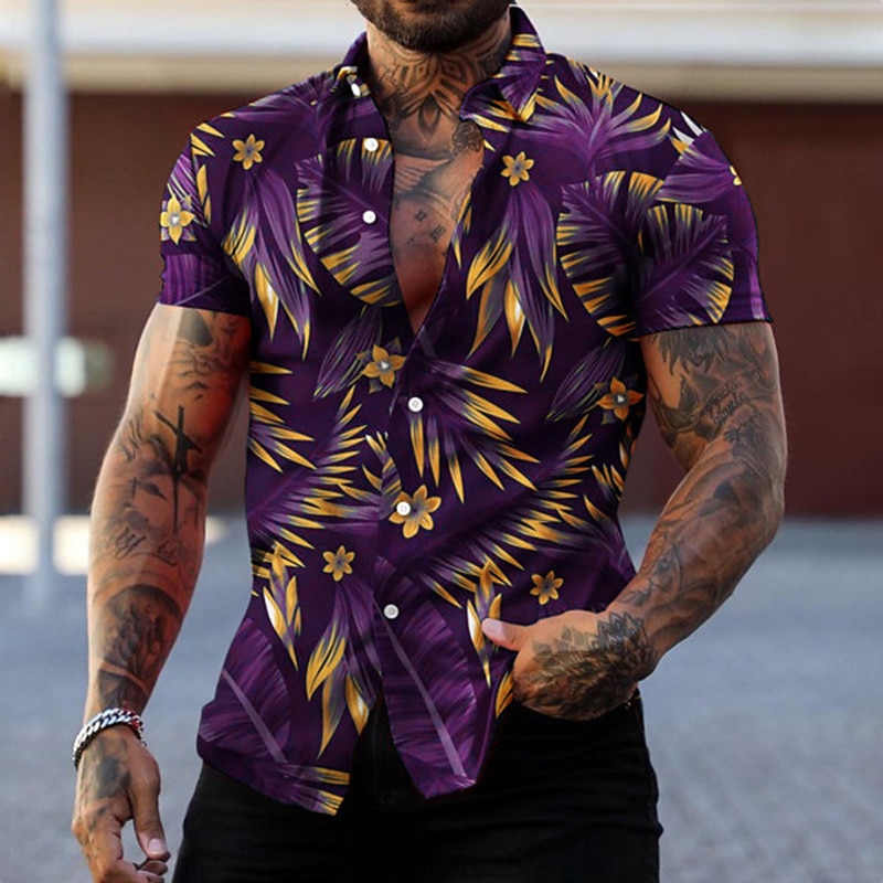 Men's Graphic Leaves Tropical Plants Shirt Summer Hawaiian Shirt Aloha Shirt Short Sleeve Shirt Turndown Fashion Designer Casual Street Daily Holiday Red green Black Black / Purple 3D Print S M L4