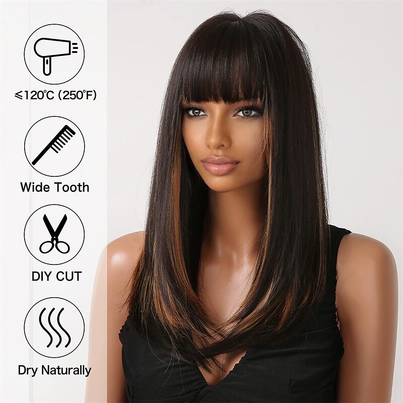 Long Black Wigs for Women Shouler-Length Black Mixed Blonde with Bangs Natural Synthetic Wig Hair Repalcement Wig for Daily Party Use barbiecore Wigs4