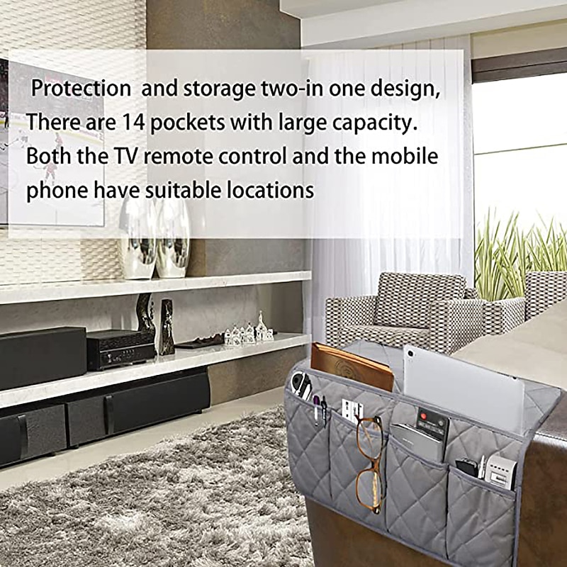 Waterproof Sofa Cover Armrest Cover Organizer Remote Control Holder for Recliner Couch Armchair Caddy with 14 Pockets for TV Remotes, Book, Magazines, Ipad3