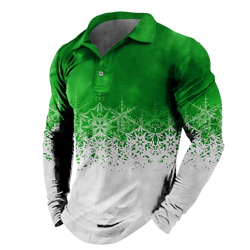 Christmas Men's Christmas Scene 3D Polo Golf Graphic Prints Snowflake Turndown Yellow Wine Blue Green Gray 3D Print Street Casual Long Sleeve Print Button-Down Clothing Apparel Fashion Designer4
