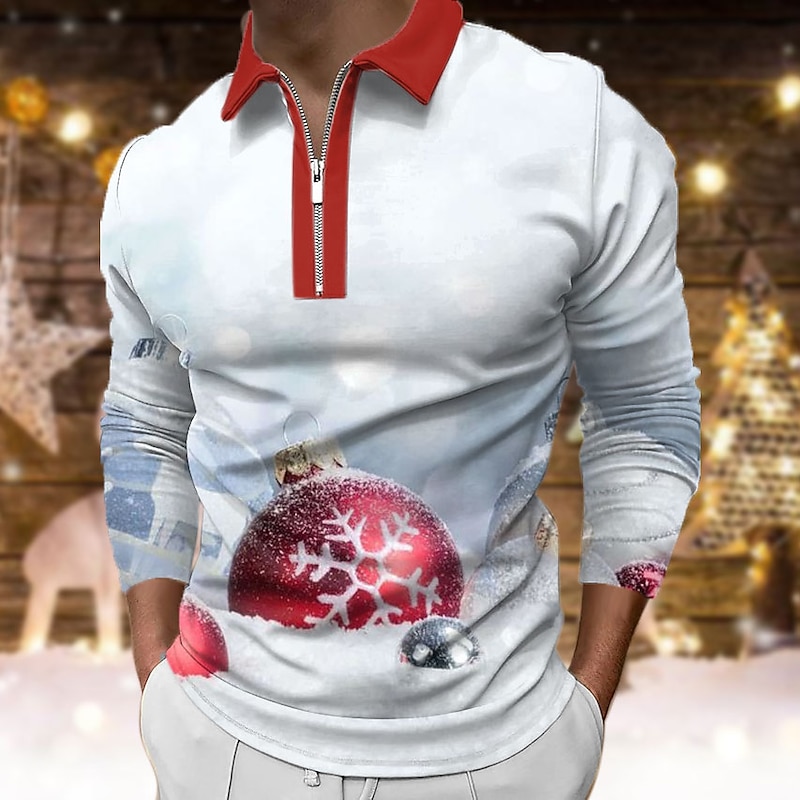 Christmas Men's Funny Christmas 3D Zipper Polo Golf Letter Graphic Prints Turndown White Wine Red Green 3D Print Street Long Sleeve Print Zipper Clothing Apparel Fashion Designer Casual Soft2