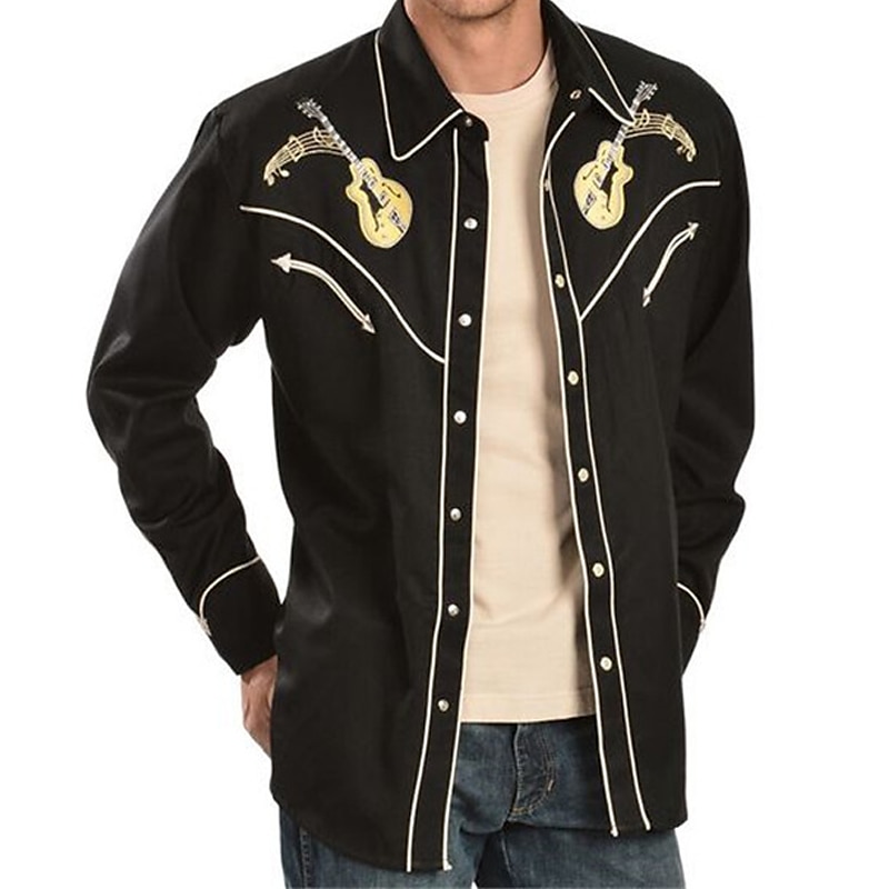 Men's Graphic Prints Guitar Shirt Western Shirt Cowboy Shirt Long Sleeve Fashion Designer Casual Outdoor Daily Fall & Winter Turndown Print Button-Down Black Black / Green Light Green Black / Purple