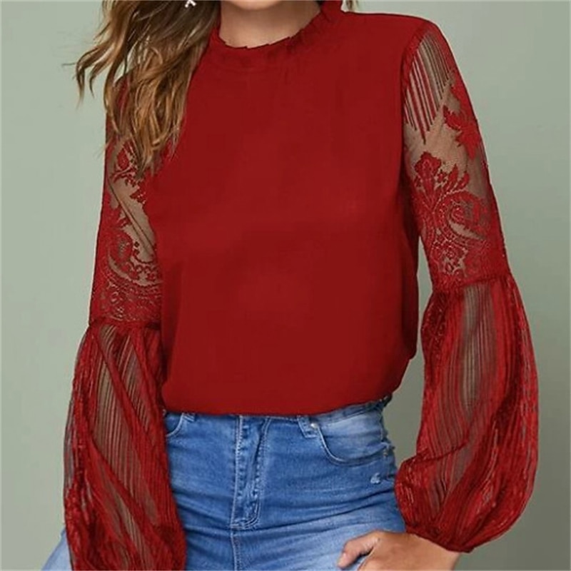 Women's Boho Shirt Lace Shirt Blouse Mesh Patchwork Top Solid / Plain Color Classic Lace Sweet Lantern Sleeve Party Daily Going out Embroidery Black Wine Dark Blue Spring &  Fall Fall & Winter2