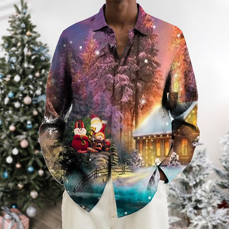 Christmas Men's Christmas Scene Printed Shirts Shirts Santa Claus Elk Turndown Green Blue White+Gray Dusty Blue Red 3D Print Outdoor Long Sleeve Button-Down Print Clothing Apparel Fashion Designer2